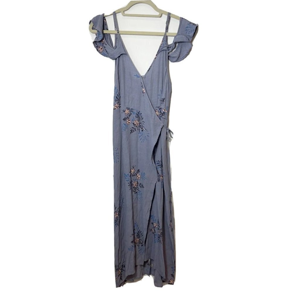 ASTR Gwyn Floral Cold Shoulder Maxi Wrap Dress Blue M V-neck Spaghetti Straps
